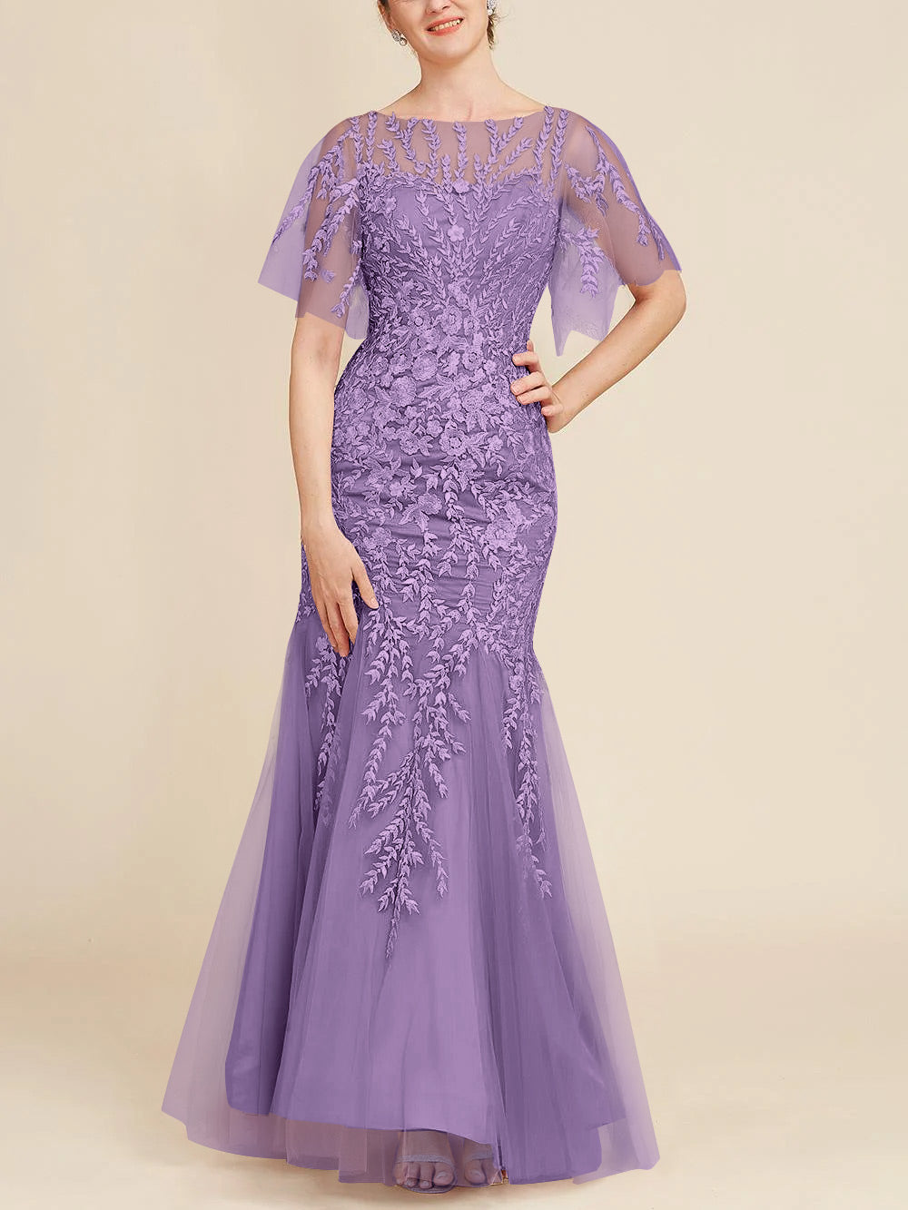 Long Mother of the Bride Lace Dress with Trumpet Mermaid Scoop Half Sleeves