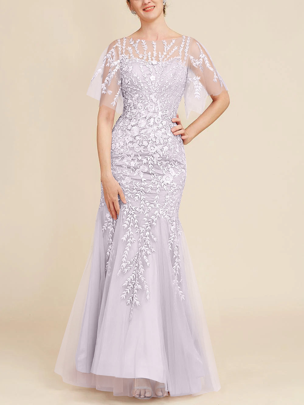 Long Mother of the Bride Lace Dress with Trumpet Mermaid Scoop Half Sleeves