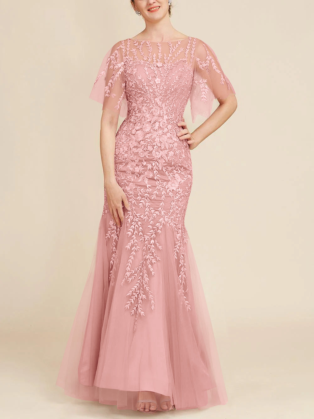 Long Mother of the Bride Lace Dress with Trumpet Mermaid Scoop Half Sleeves