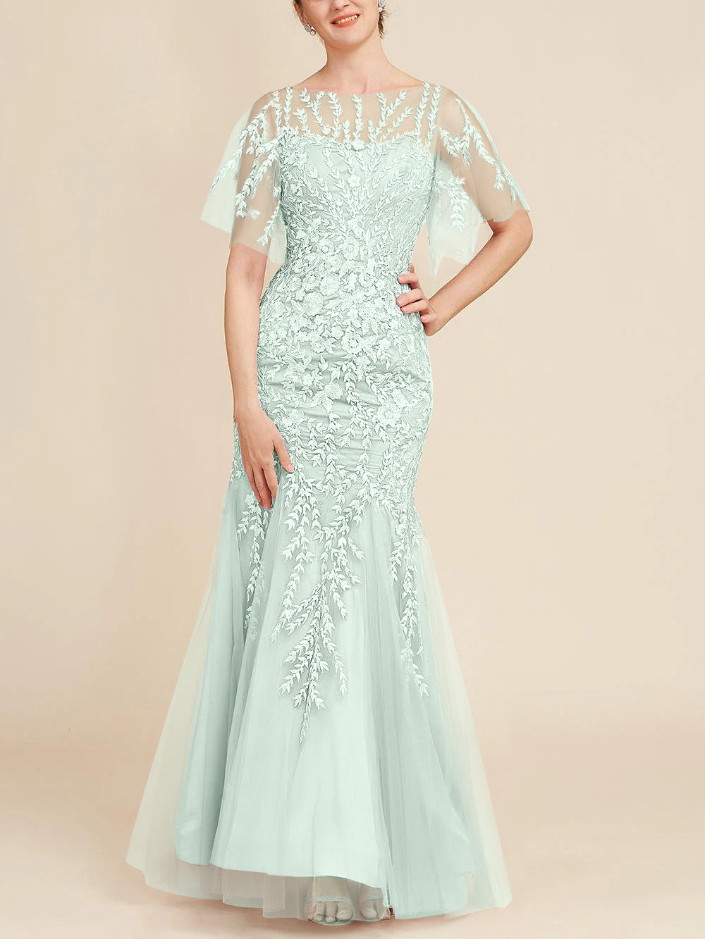 Long Mother of the Bride Lace Dress with Trumpet Mermaid Scoop Half Sleeves