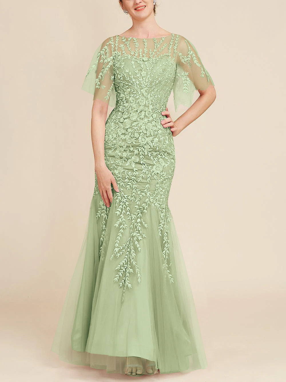 Long Mother of the Bride Lace Dress with Trumpet Mermaid Scoop Half Sleeves