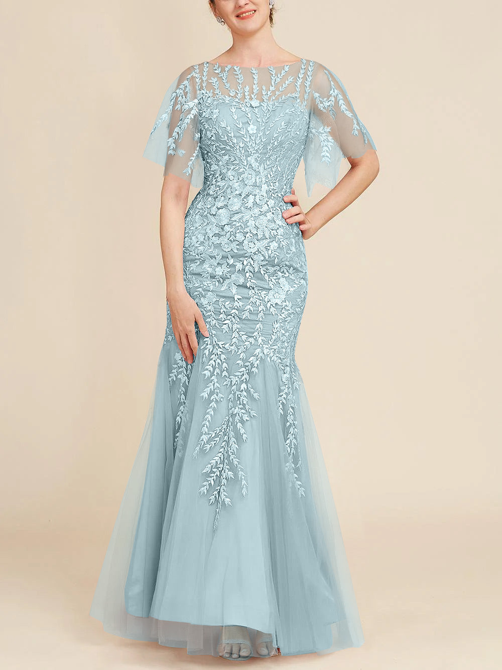 Long Mother of the Bride Lace Dress with Trumpet Mermaid Scoop Half Sleeves