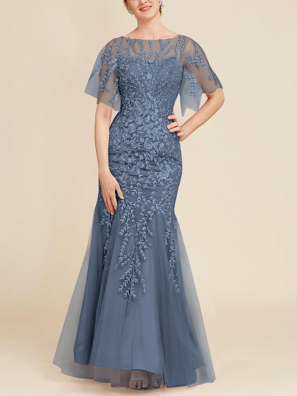 Long Mother of the Bride Lace Dress with Trumpet Mermaid Scoop Half Sleeves