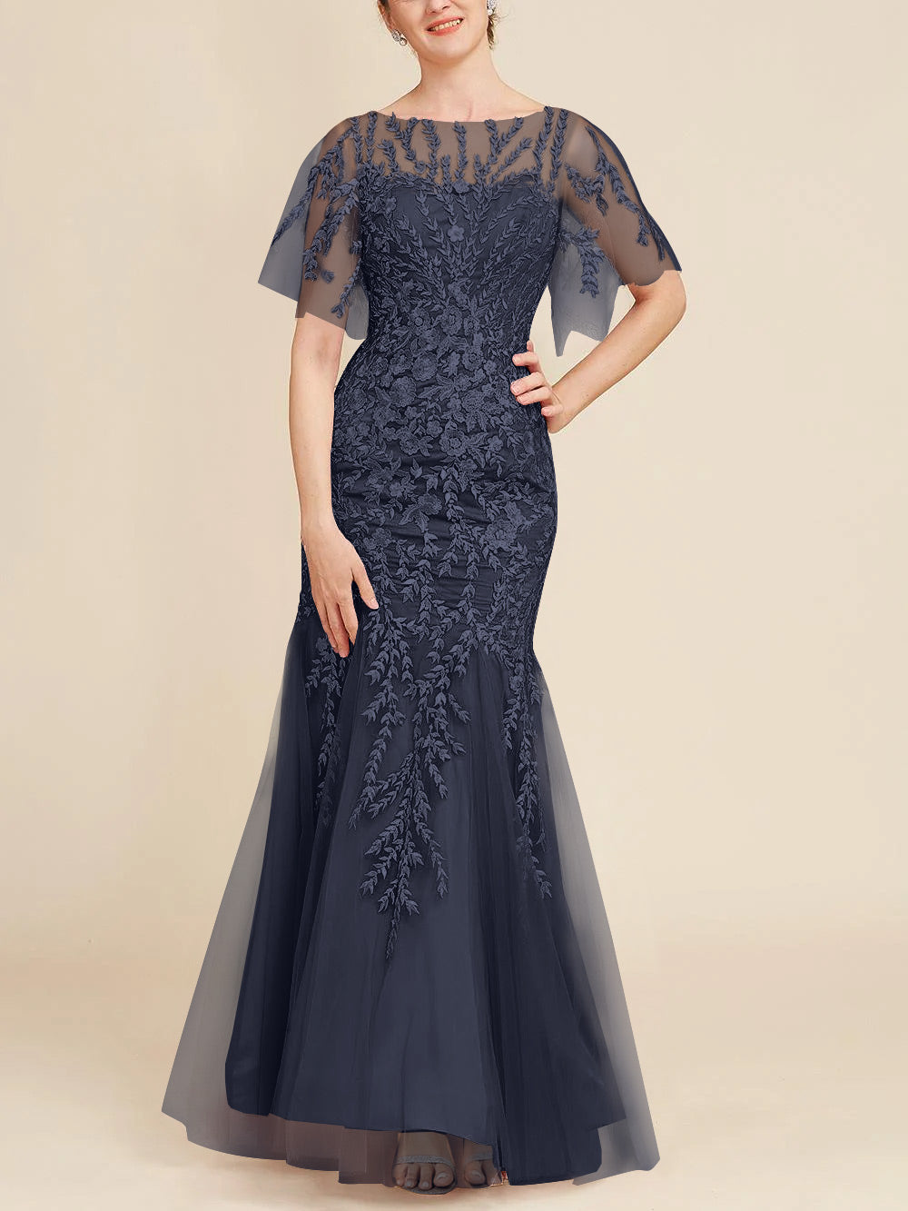 Long Mother of the Bride Lace Dress with Trumpet Mermaid Scoop Half Sleeves