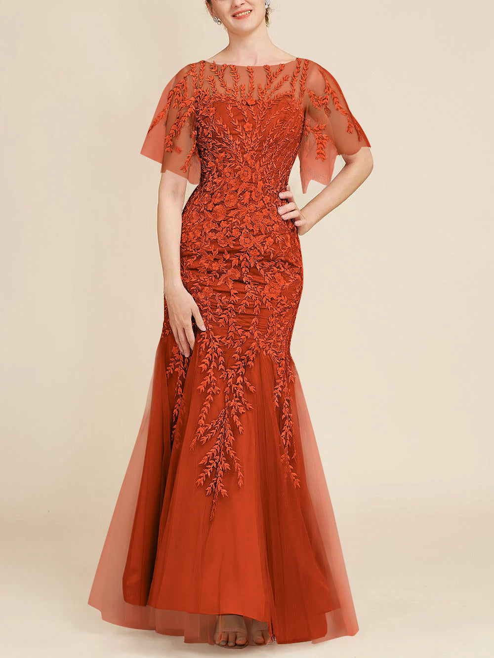 Long Mother of the Bride Lace Dress with Trumpet Mermaid Scoop Half Sleeves