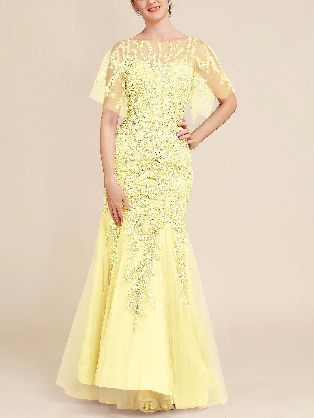 Long Mother of the Bride Lace Dress with Trumpet Mermaid Scoop Half Sleeves