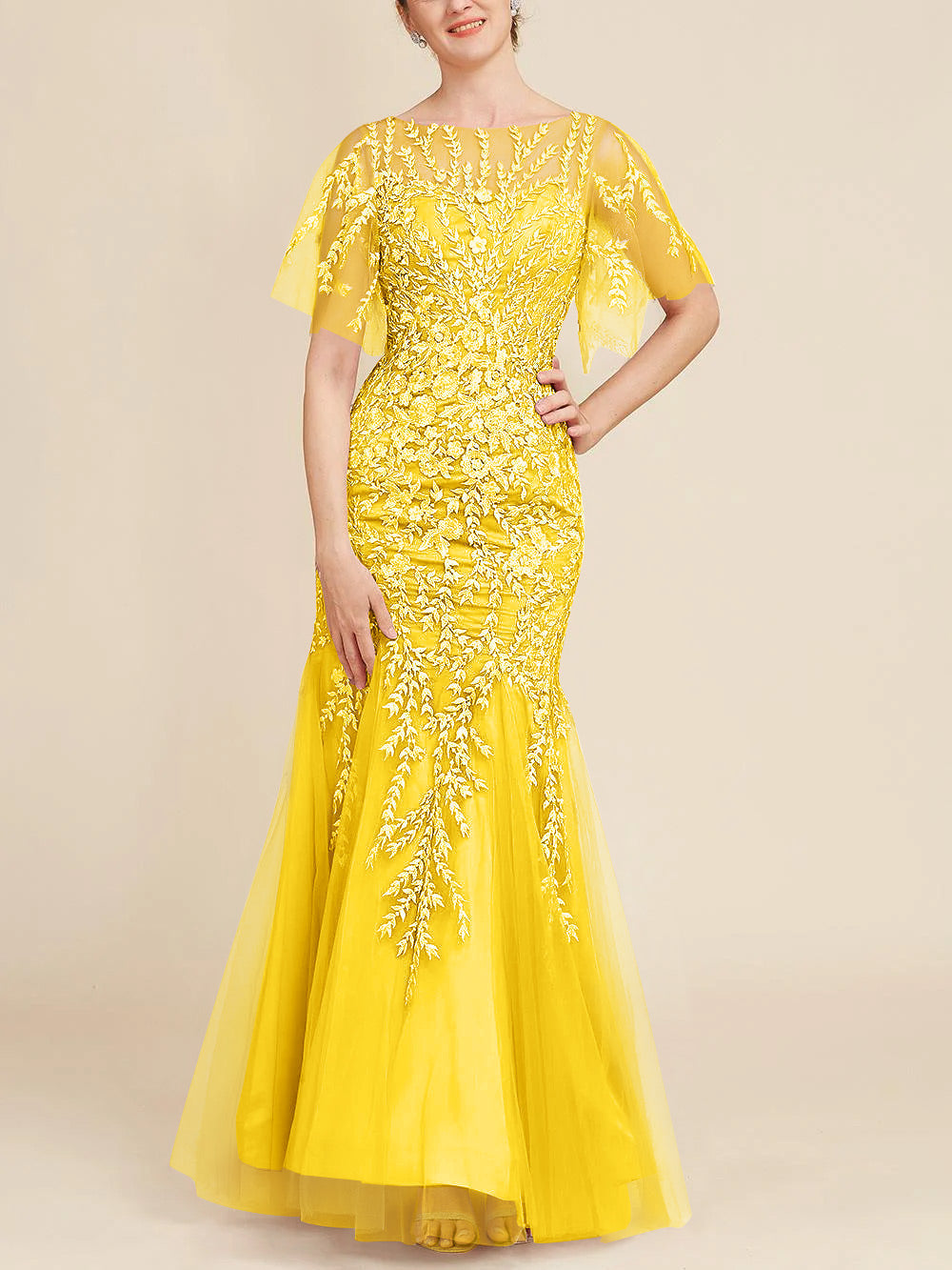 Long Mother of the Bride Lace Dress with Trumpet Mermaid Scoop Half Sleeves