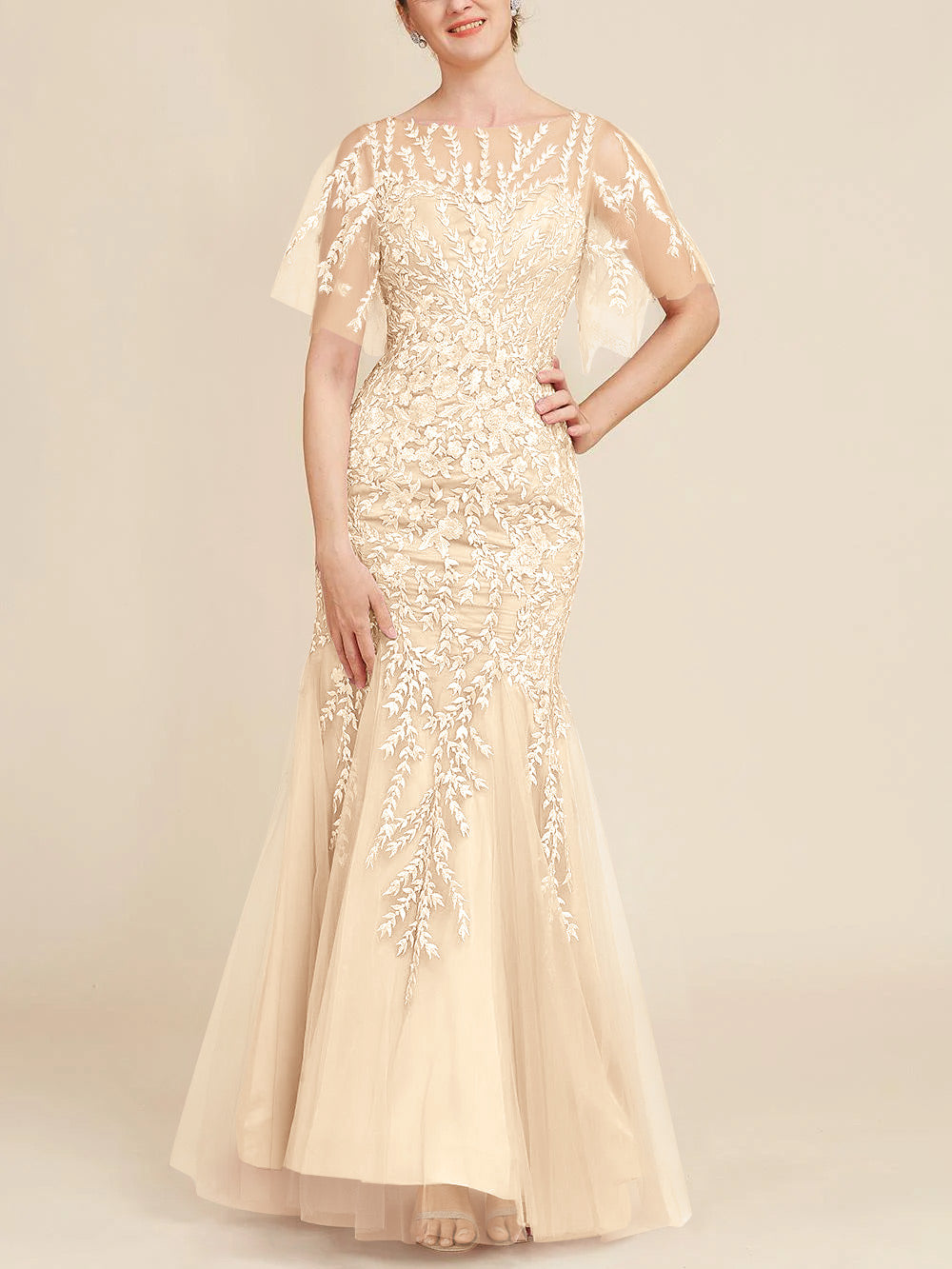 Long Mother of the Bride Lace Dress with Trumpet Mermaid Scoop Half Sleeves
