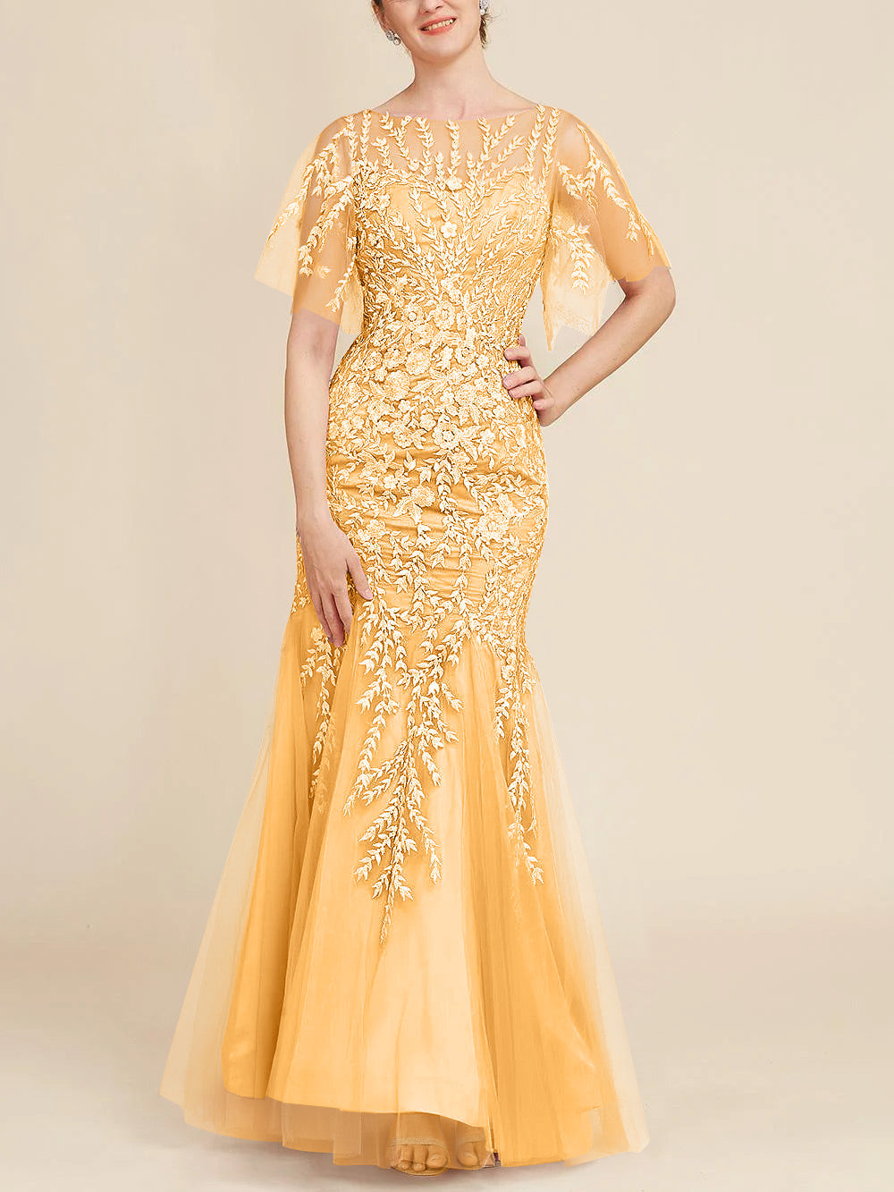 Long Mother of the Bride Lace Dress with Trumpet Mermaid Scoop Half Sleeves
