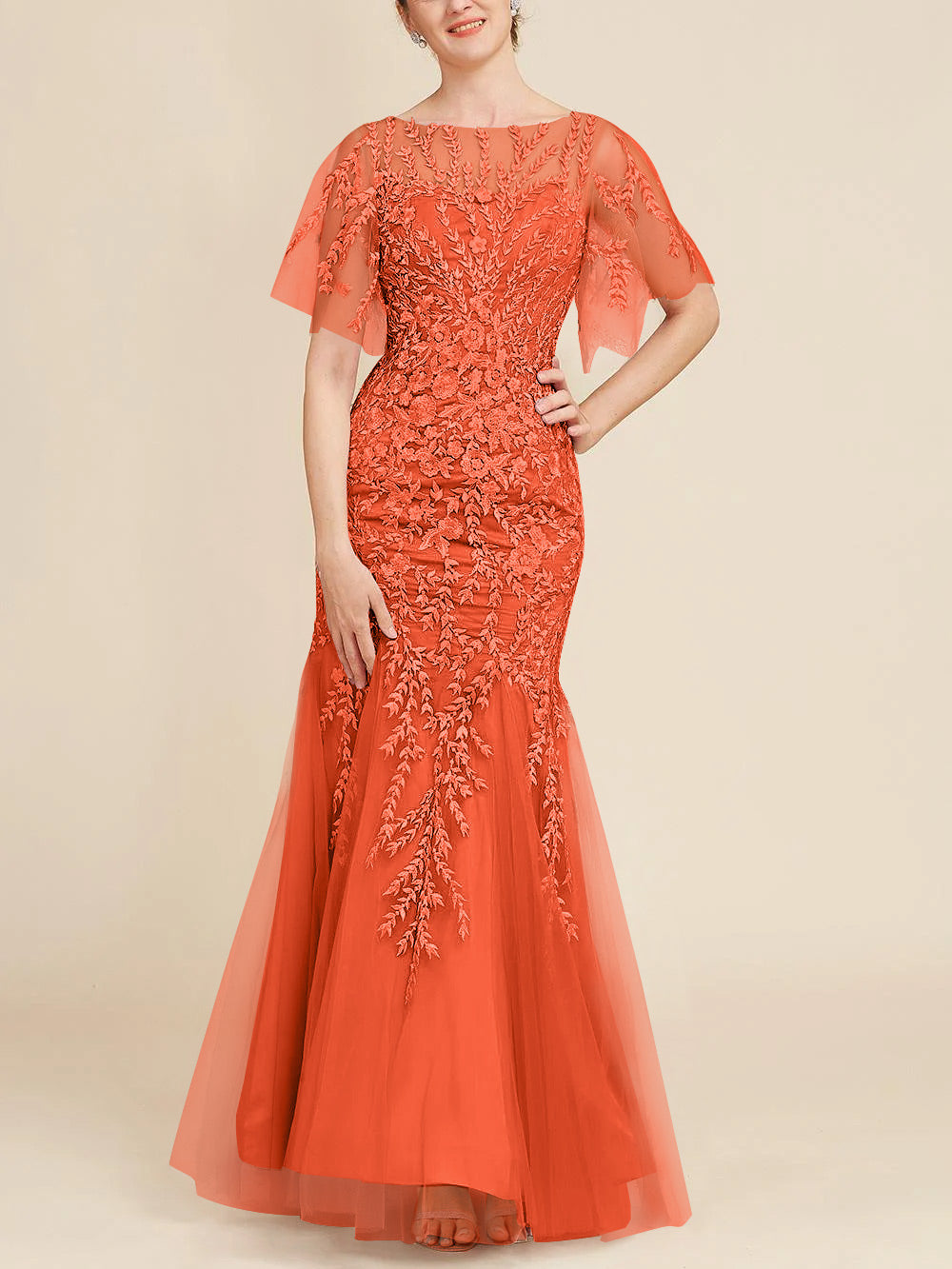 Long Mother of the Bride Lace Dress with Trumpet Mermaid Scoop Half Sleeves