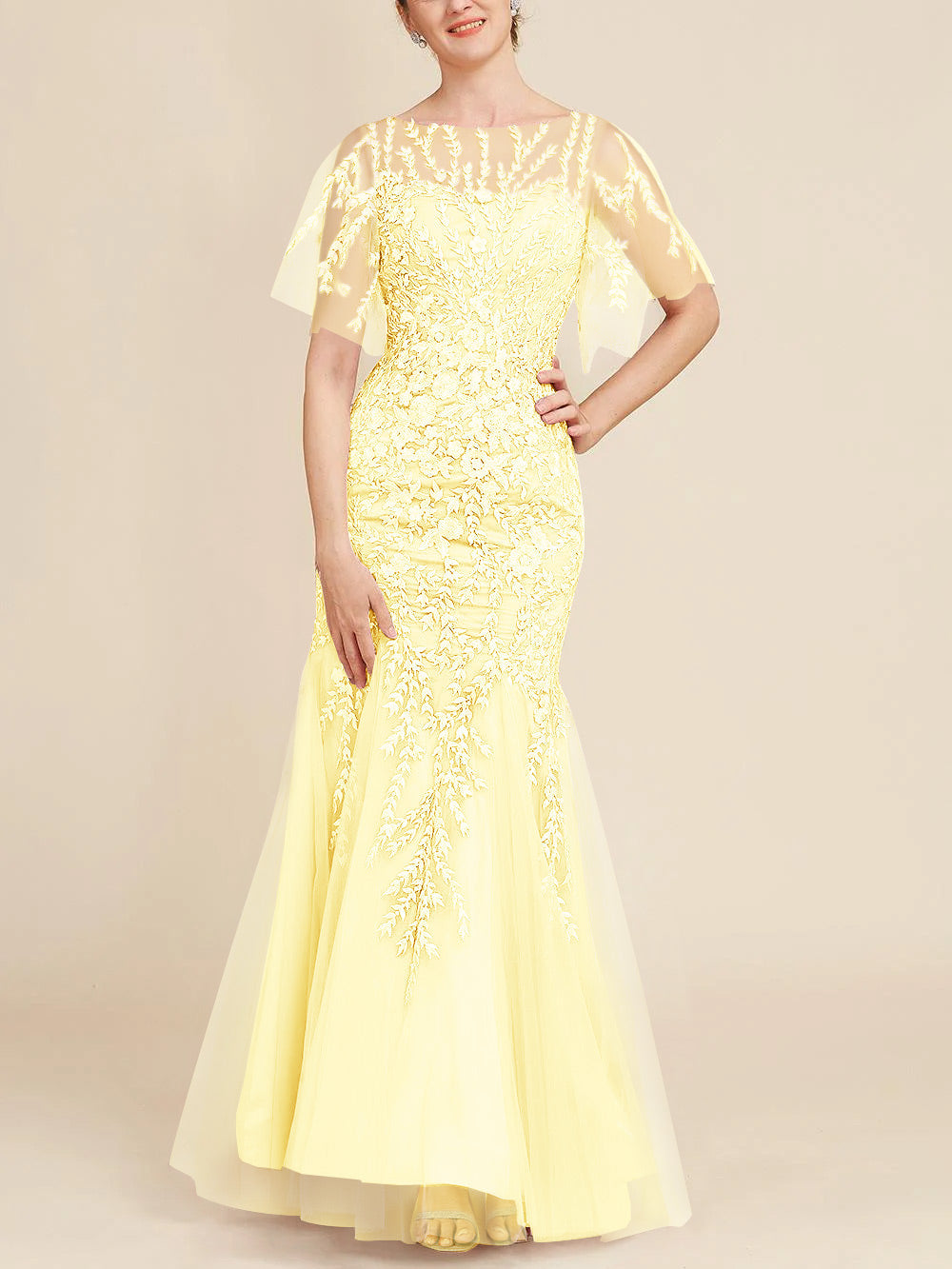 Long Mother of the Bride Lace Dress with Trumpet Mermaid Scoop Half Sleeves