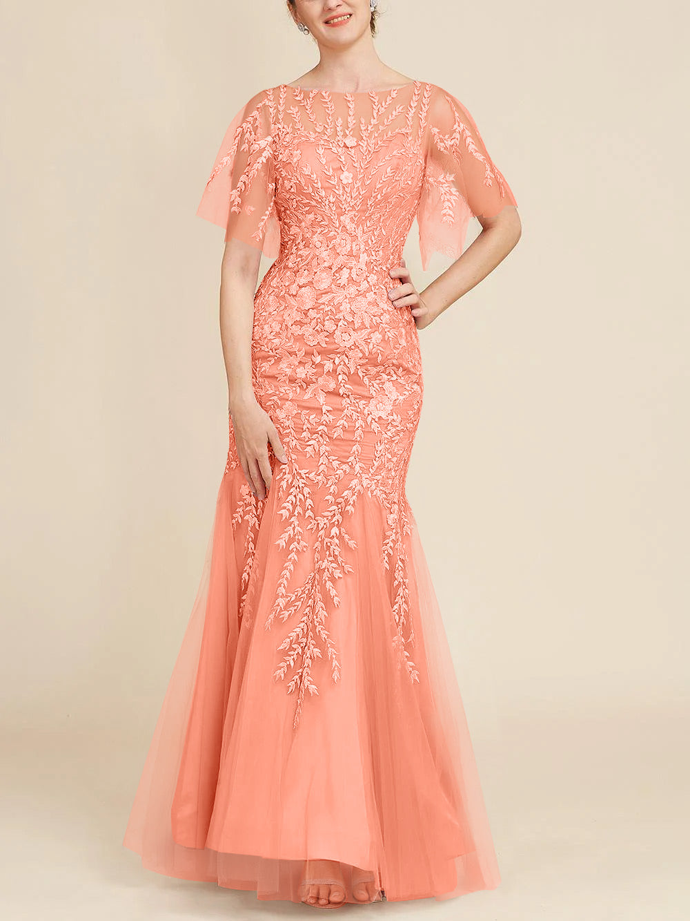 Long Mother of the Bride Lace Dress with Trumpet Mermaid Scoop Half Sleeves