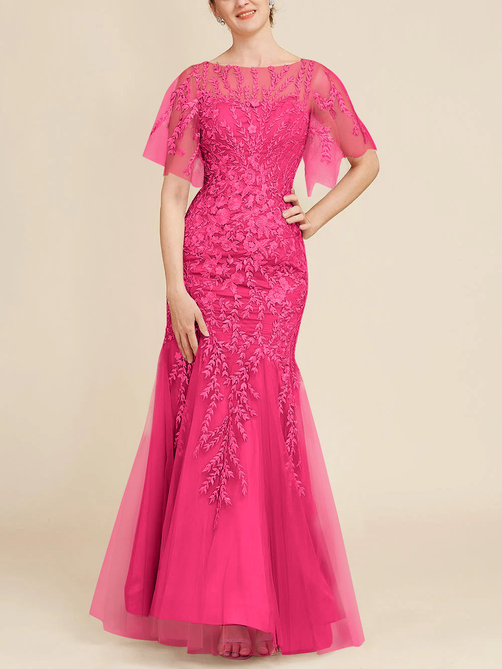 Long Mother of the Bride Lace Dress with Trumpet Mermaid Scoop Half Sleeves