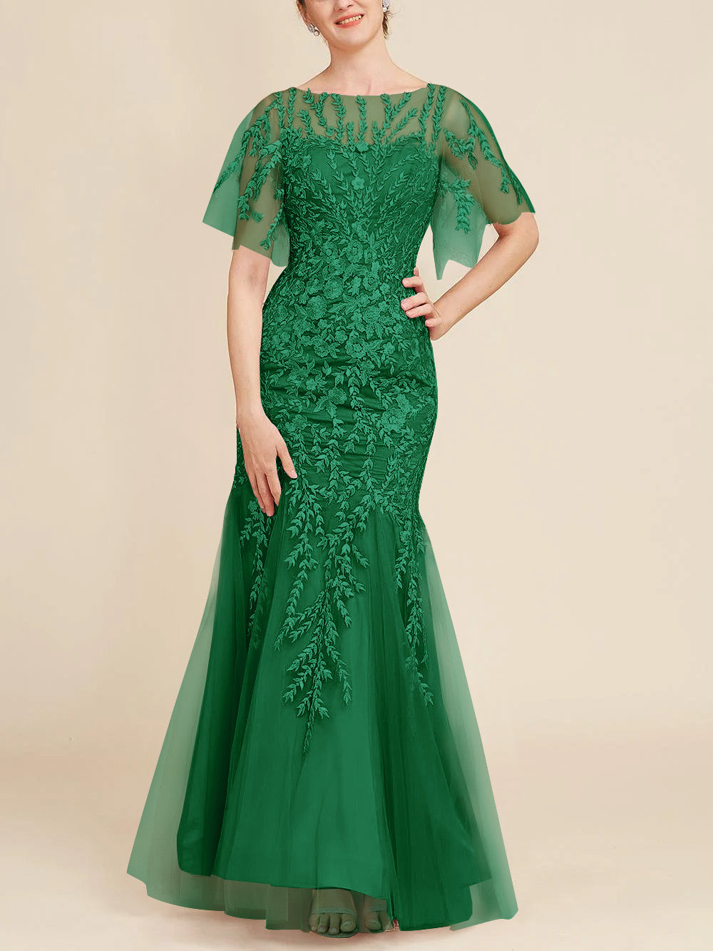 Long Mother of the Bride Lace Dress with Trumpet Mermaid Scoop Half Sleeves