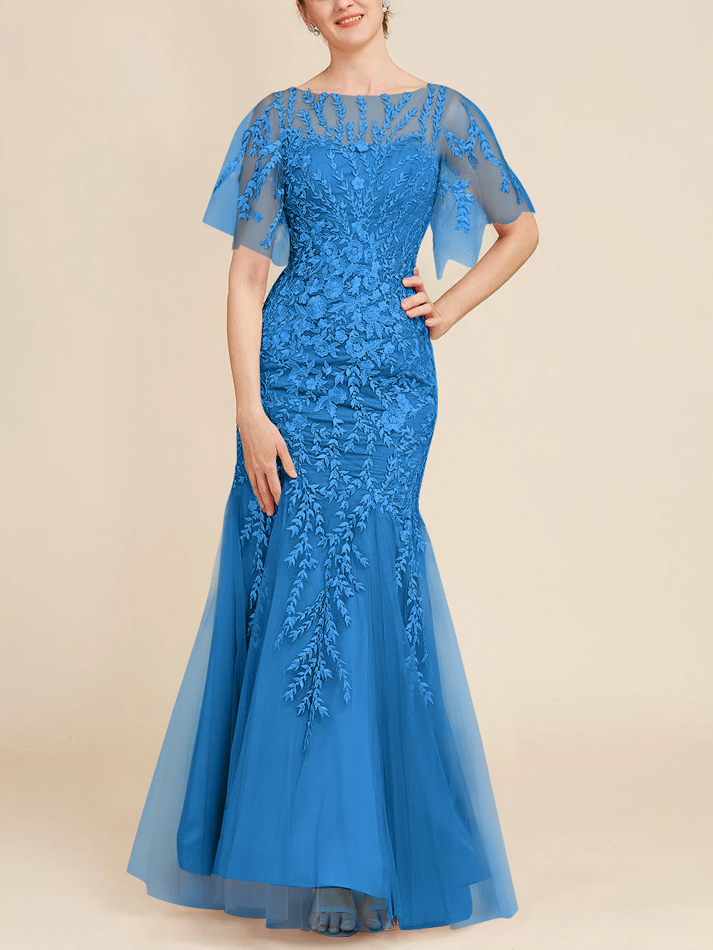 Long Mother of the Bride Lace Dress with Trumpet Mermaid Scoop Half Sleeves