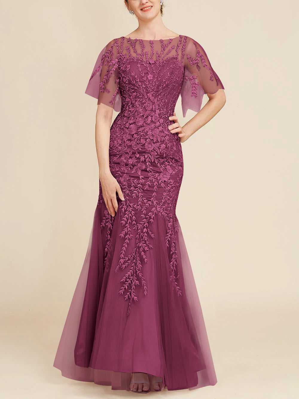 Long Mother of the Bride Lace Dress with Trumpet Mermaid Scoop Half Sleeves