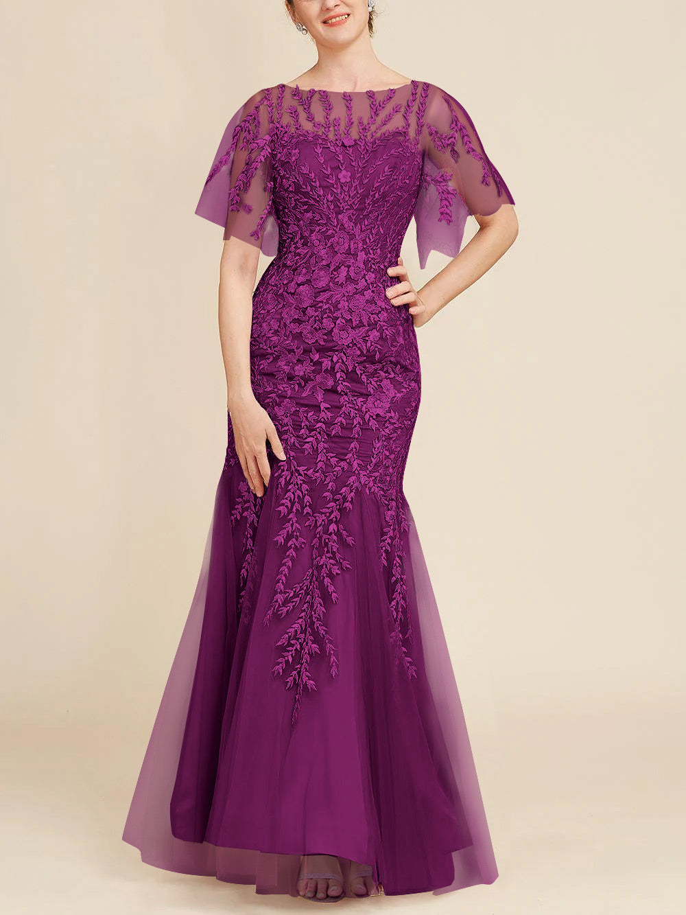 Long Mother of the Bride Lace Dress with Trumpet Mermaid Scoop Half Sleeves