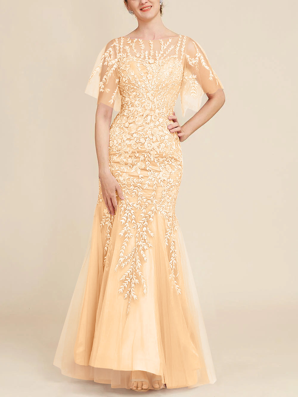 Long Mother of the Bride Lace Dress with Trumpet Mermaid Scoop Half Sleeves