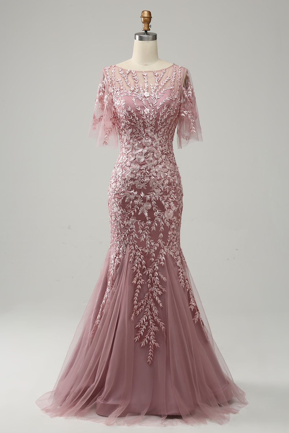 Long Mother of the Bride Lace Dress with Trumpet Mermaid Scoop Half Sleeves