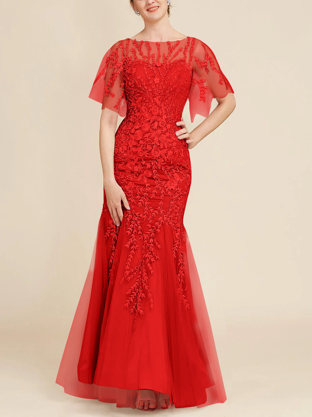 Long Mother of the Bride Lace Dress with Trumpet Mermaid Scoop Half Sleeves