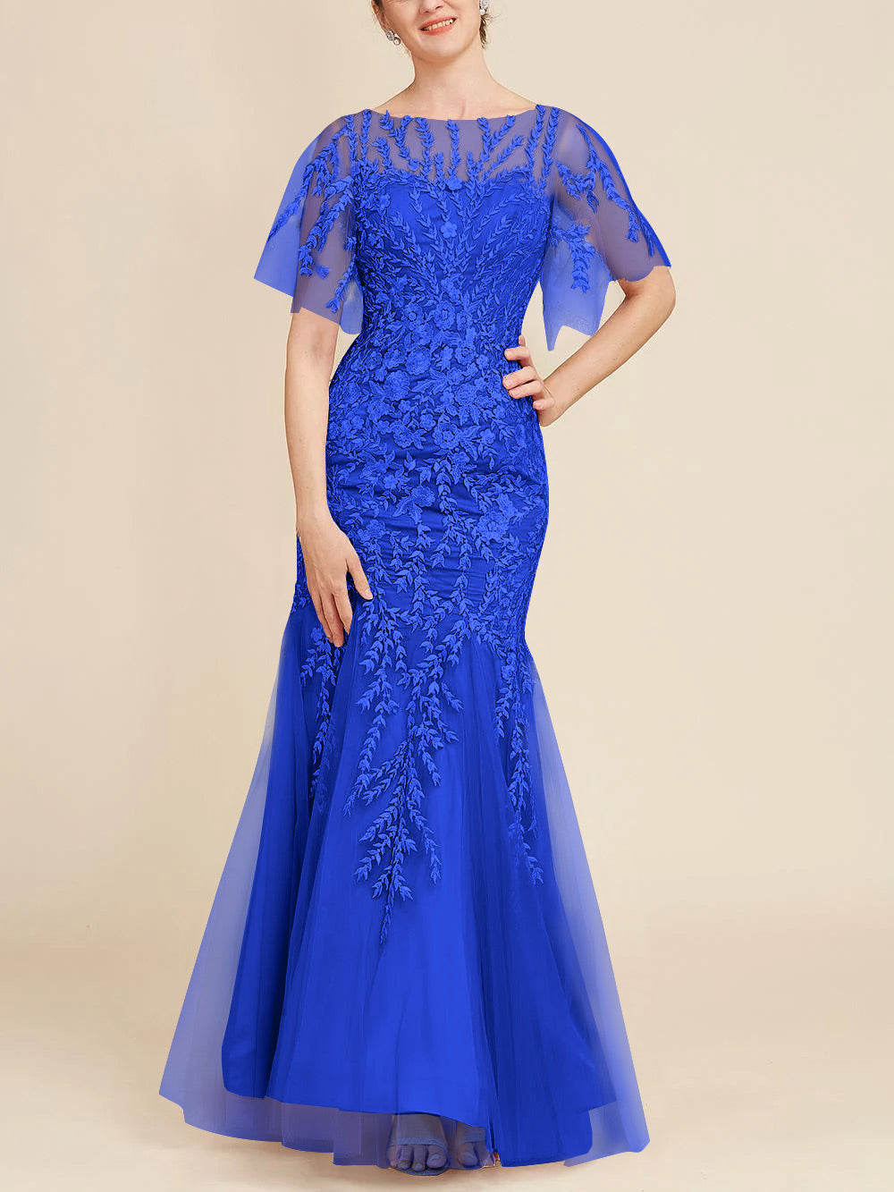 Long Mother of the Bride Lace Dress with Trumpet Mermaid Scoop Half Sleeves