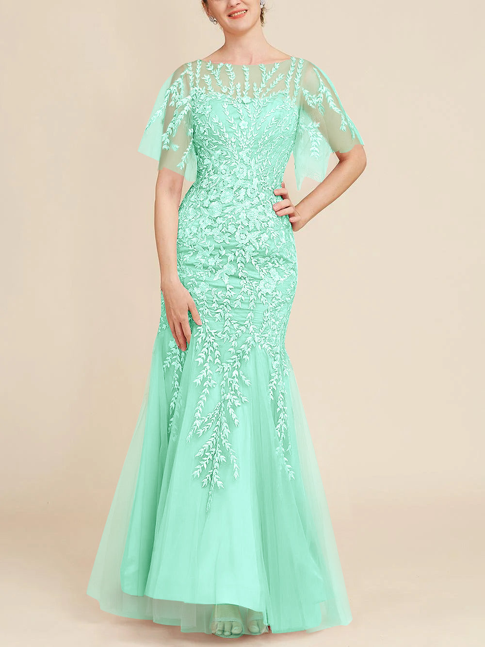 Long Mother of the Bride Lace Dress with Trumpet Mermaid Scoop Half Sleeves
