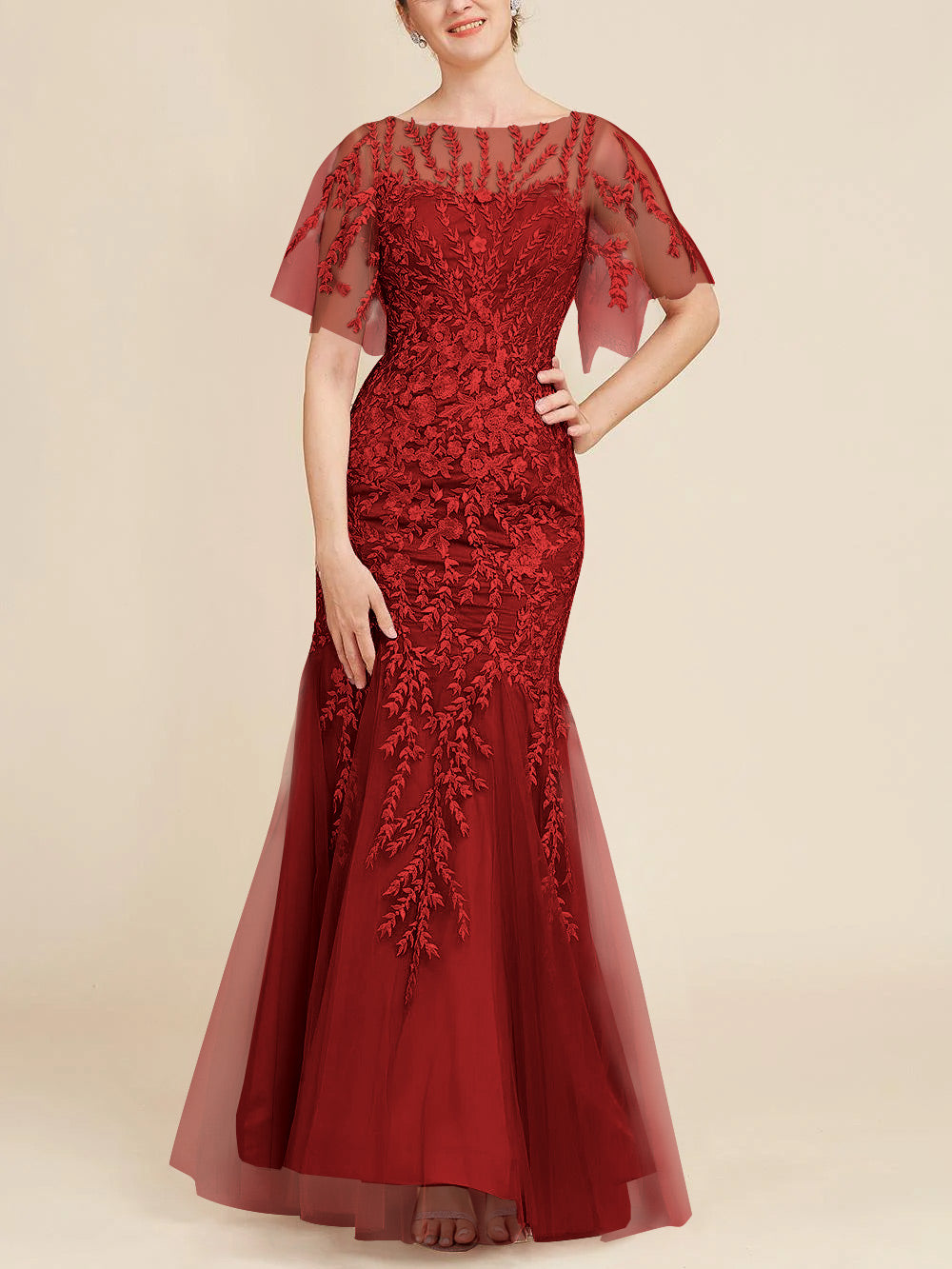 Long Mother of the Bride Lace Dress with Trumpet Mermaid Scoop Half Sleeves