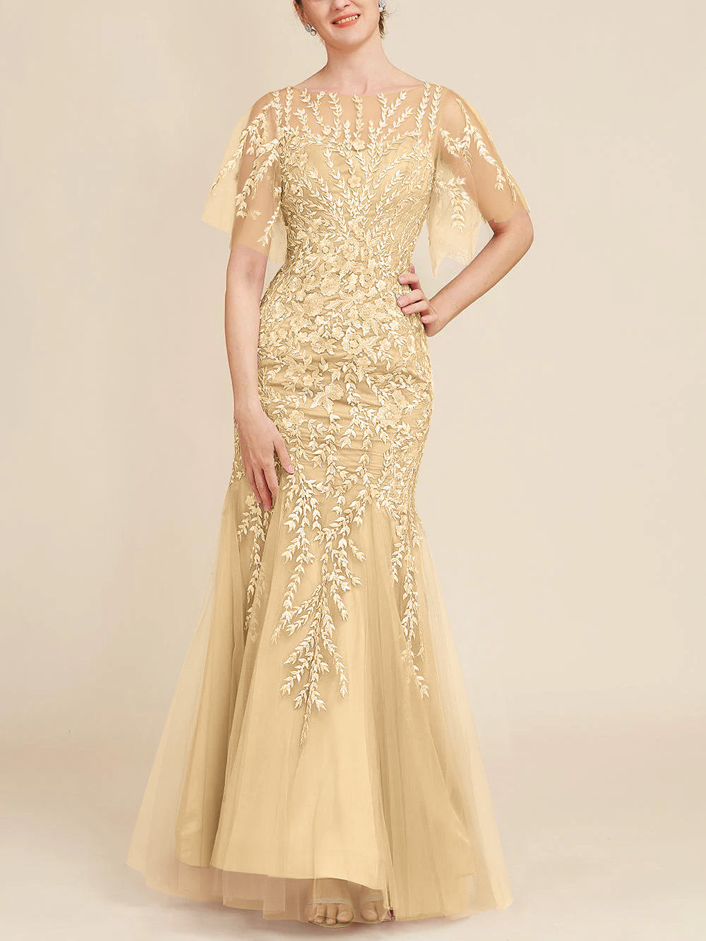 Long Mother of the Bride Lace Dress with Trumpet Mermaid Scoop Half Sleeves