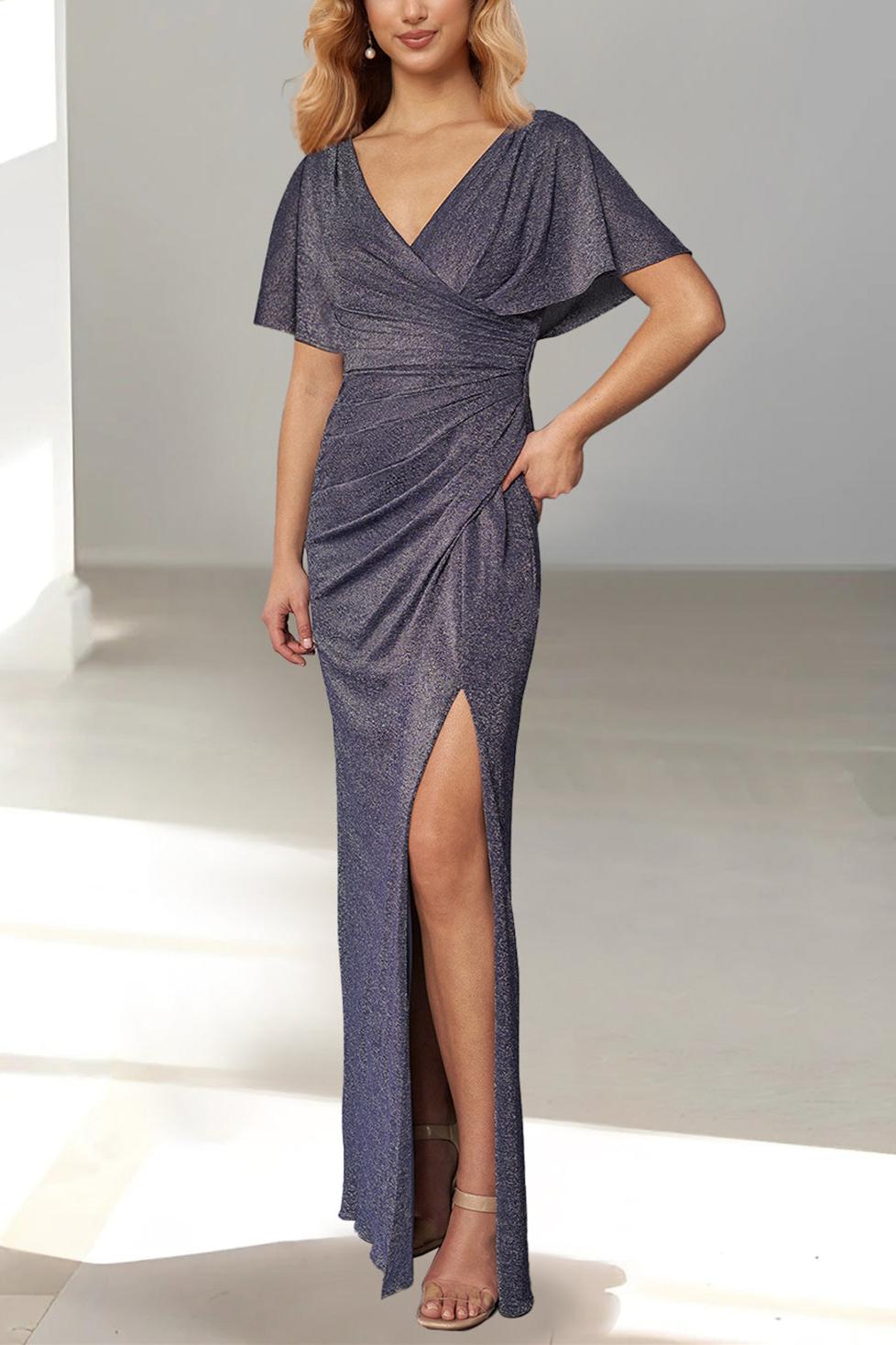 Long Plunging Neck Mother of the Bride Dress with Draped Sleeve and Side Split