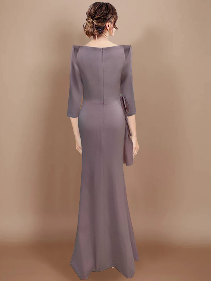 Long Plus Size Mother of the Bride Dress with Bow and 3/4 Sleeves