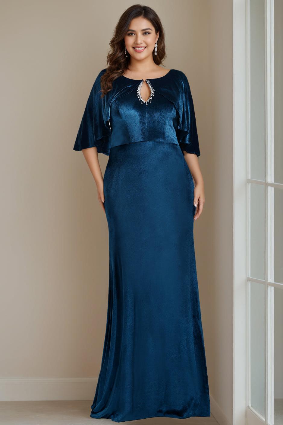 Long Plus Size Velvet Mother of the Bride Dress with Scoop Neck Half Sleeves Beading Appliques & Sequins
