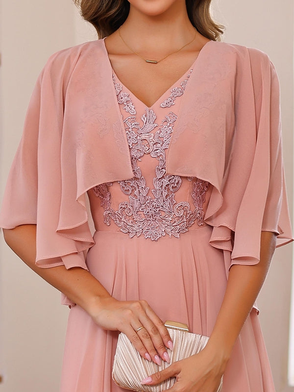 Long V Neck Mother of the Bride A Line Dress with Appliques & Wrap in 2 Pics
