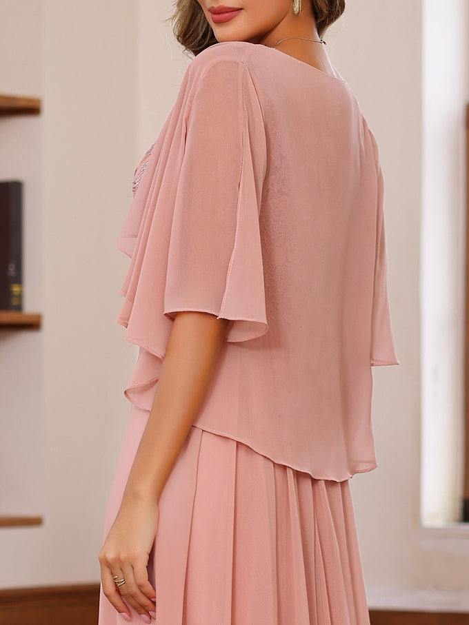 Long V Neck Mother of the Bride A Line Dress with Appliques & Wrap in 2 Pics