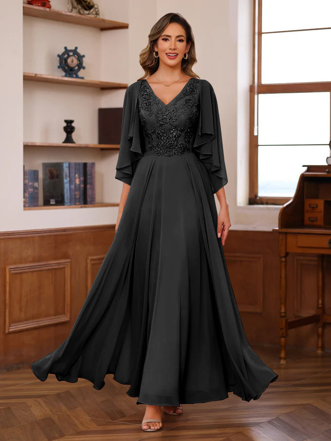 Long V Neck Mother of the Bride A Line Dress with Appliques & Wrap in 2 Pics