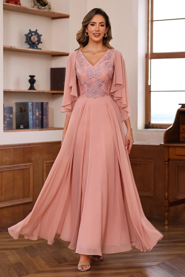 Long V Neck Mother of the Bride A Line Dress with Appliques & Wrap in 2 Pics