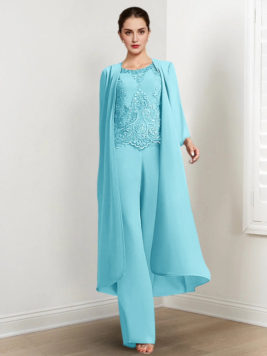 Long Round Neck Chiffon Pantsuits For The Mother Of The Bride With Jacket And Applique