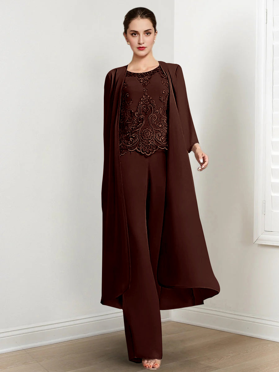 Long Round Neck Chiffon Pantsuits For The Mother Of The Bride With Jacket And Applique