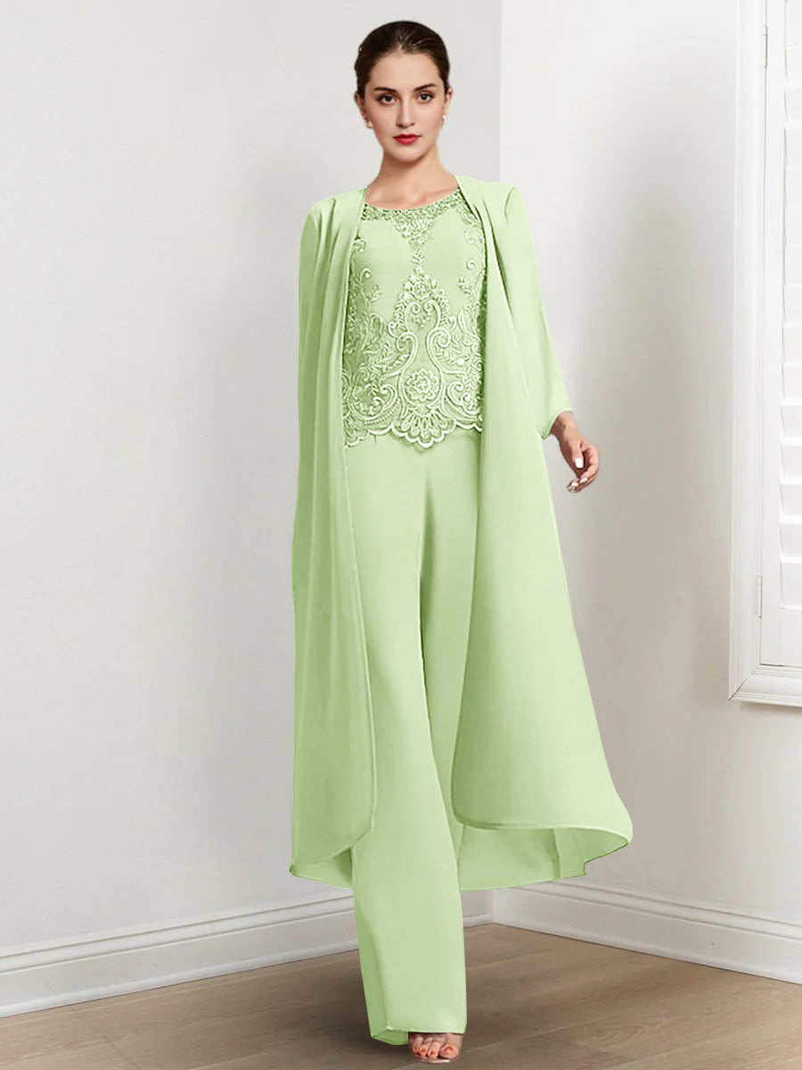 Long Round Neck Chiffon Pantsuits For The Mother Of The Bride With Jacket And Applique