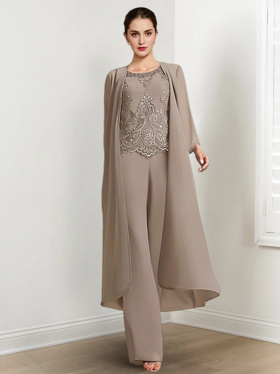Long Round Neck Chiffon Pantsuits For The Mother Of The Bride With Jacket And Applique