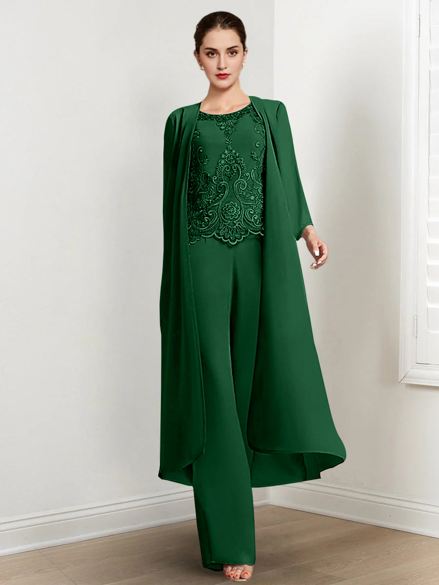 Long Round Neck Chiffon Pantsuits For The Mother Of The Bride With Jacket And Applique