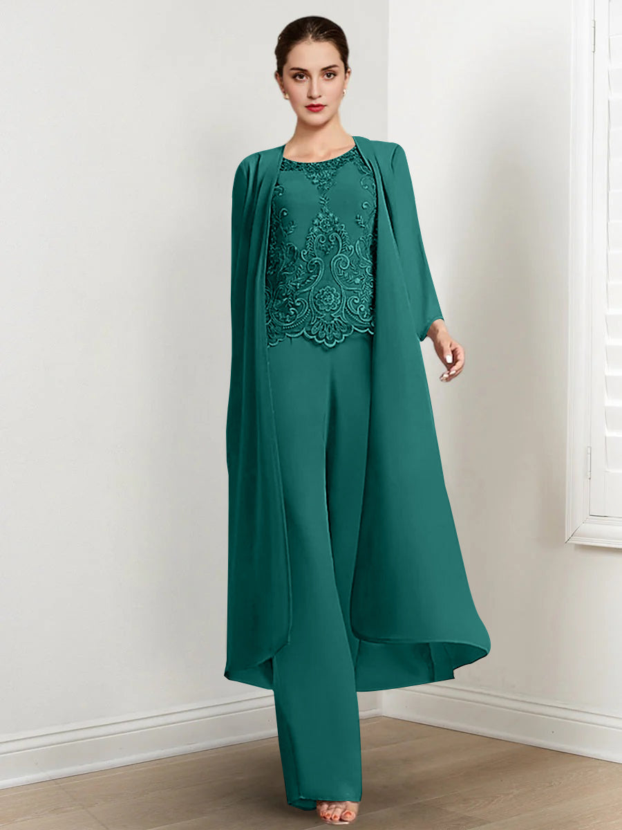 Long Round Neck Chiffon Pantsuits For The Mother Of The Bride With Jacket And Applique