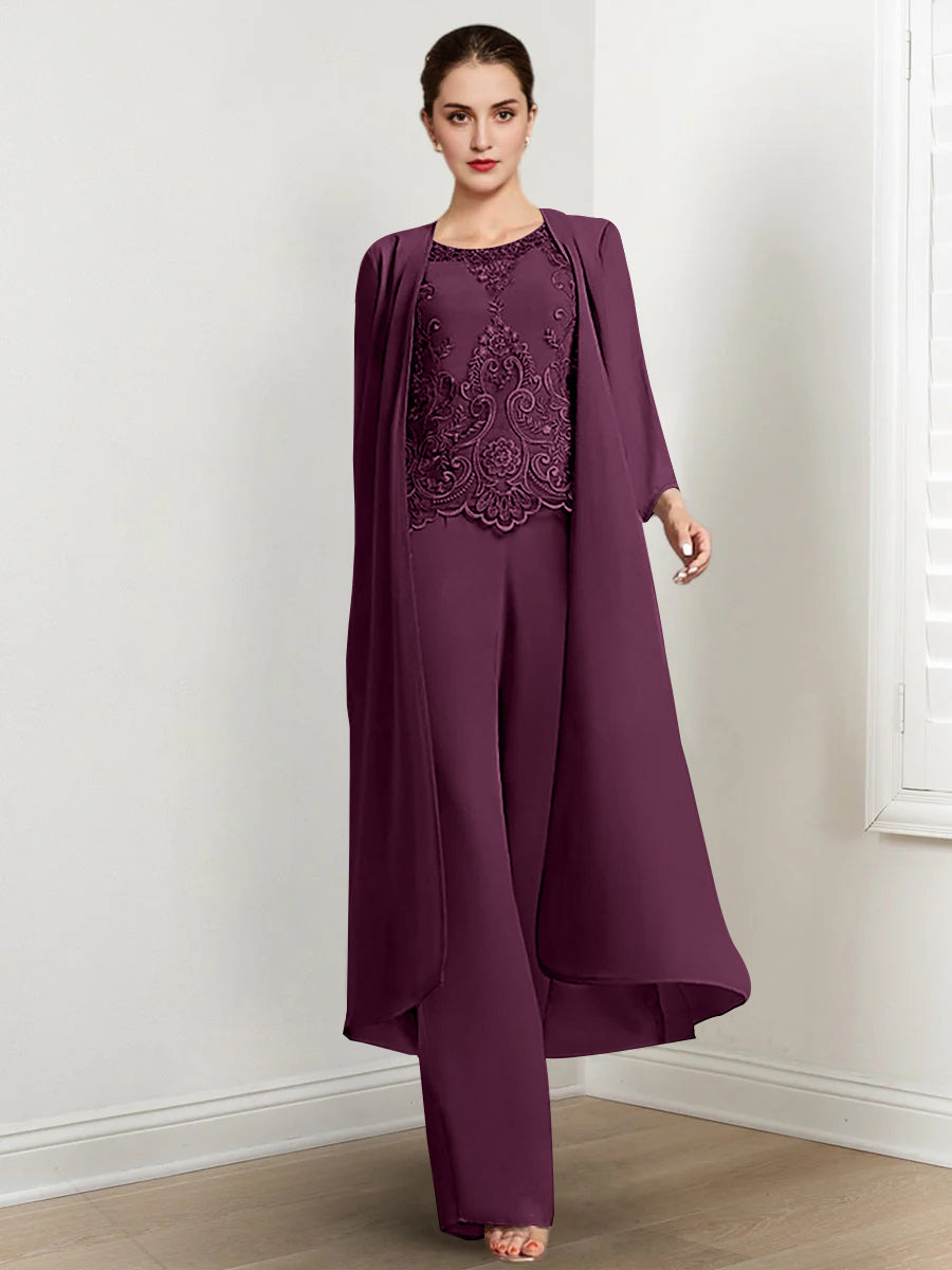 Long Round Neck Chiffon Pantsuits For The Mother Of The Bride With Jacket And Applique