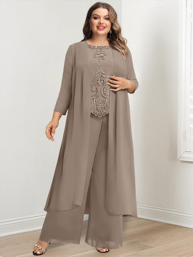 Long Round Neck Chiffon Pantsuits For The Mother Of The Bride With Jacket And Applique