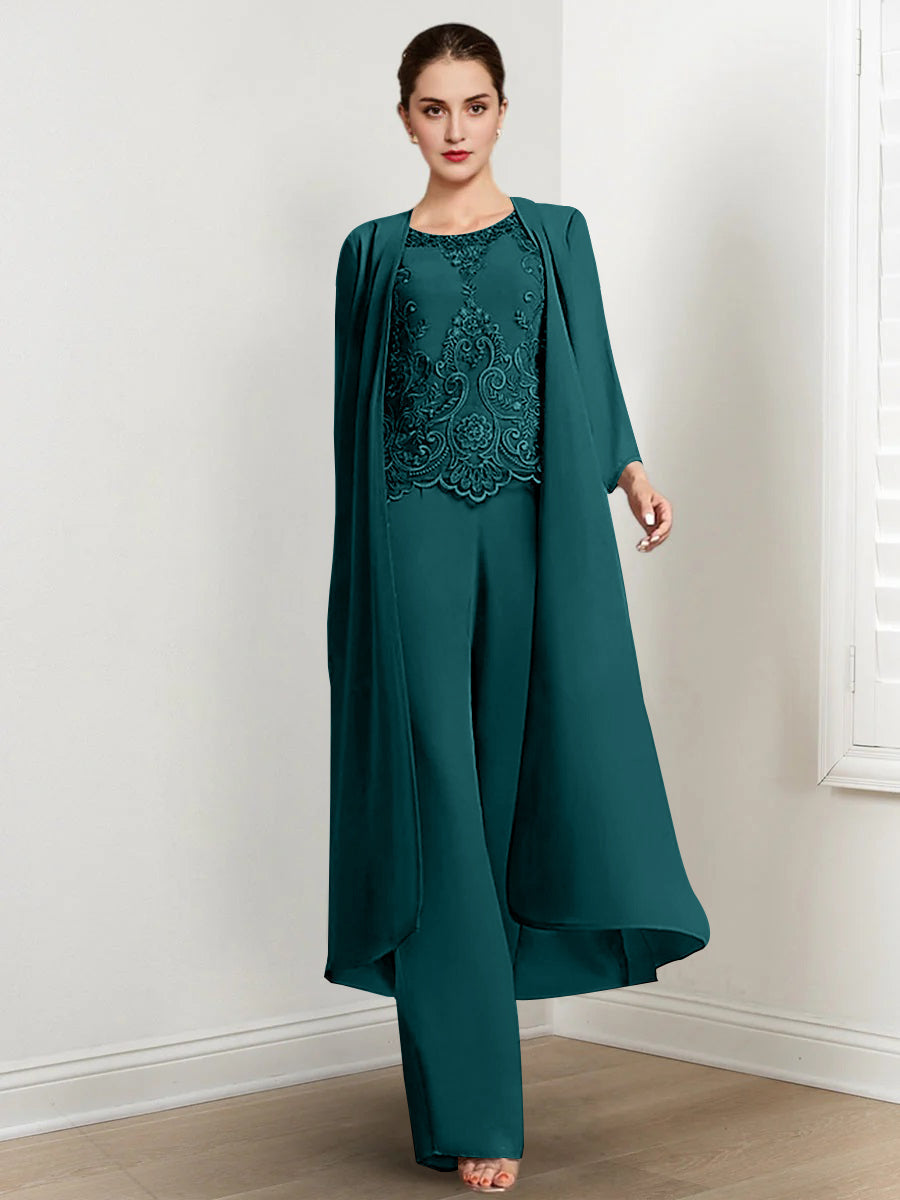 Long Round Neck Chiffon Pantsuits For The Mother Of The Bride With Jacket And Applique