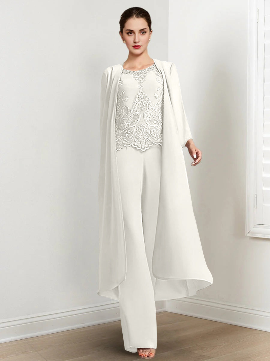 Long Round Neck Chiffon Pantsuits For The Mother Of The Bride With Jacket And Applique