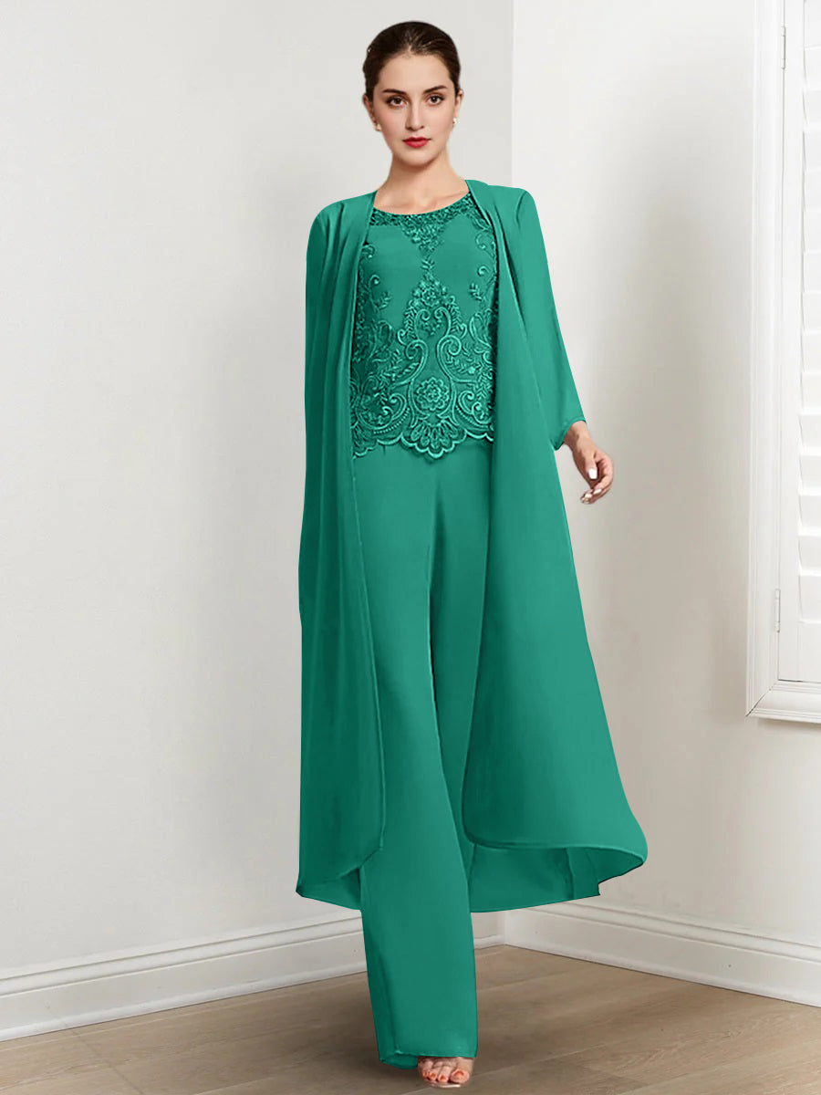 Long Round Neck Chiffon Pantsuits For The Mother Of The Bride With Jacket And Applique