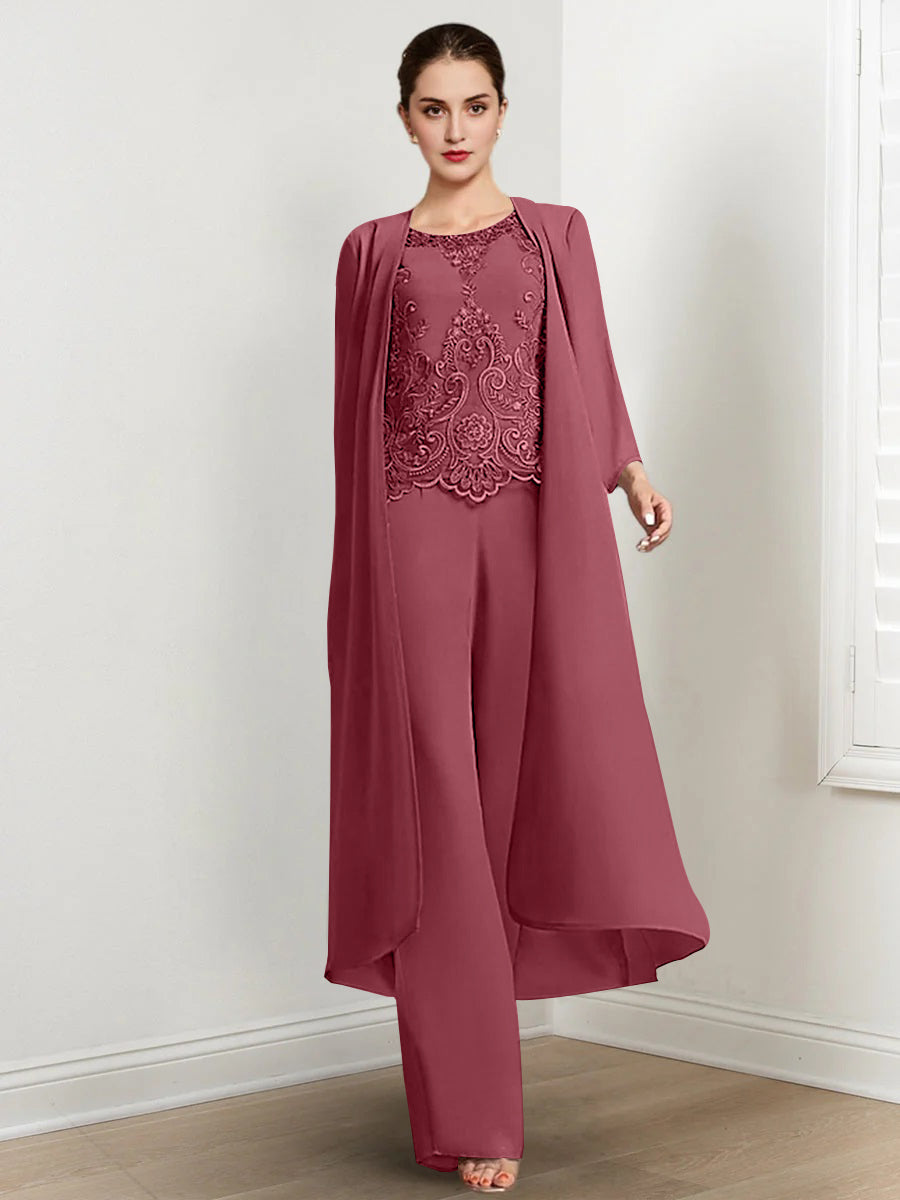 Long Round Neck Chiffon Pantsuits For The Mother Of The Bride With Jacket And Applique