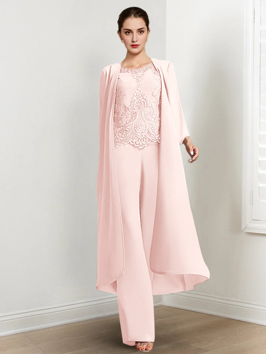 Long Round Neck Chiffon Pantsuits For The Mother Of The Bride With Jacket And Applique