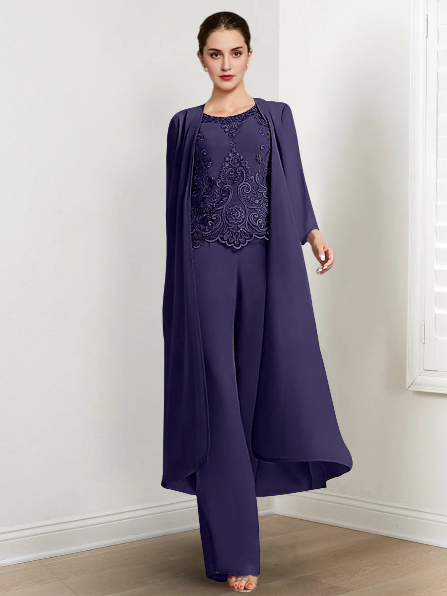 Long Round Neck Chiffon Pantsuits For The Mother Of The Bride With Jacket And Applique