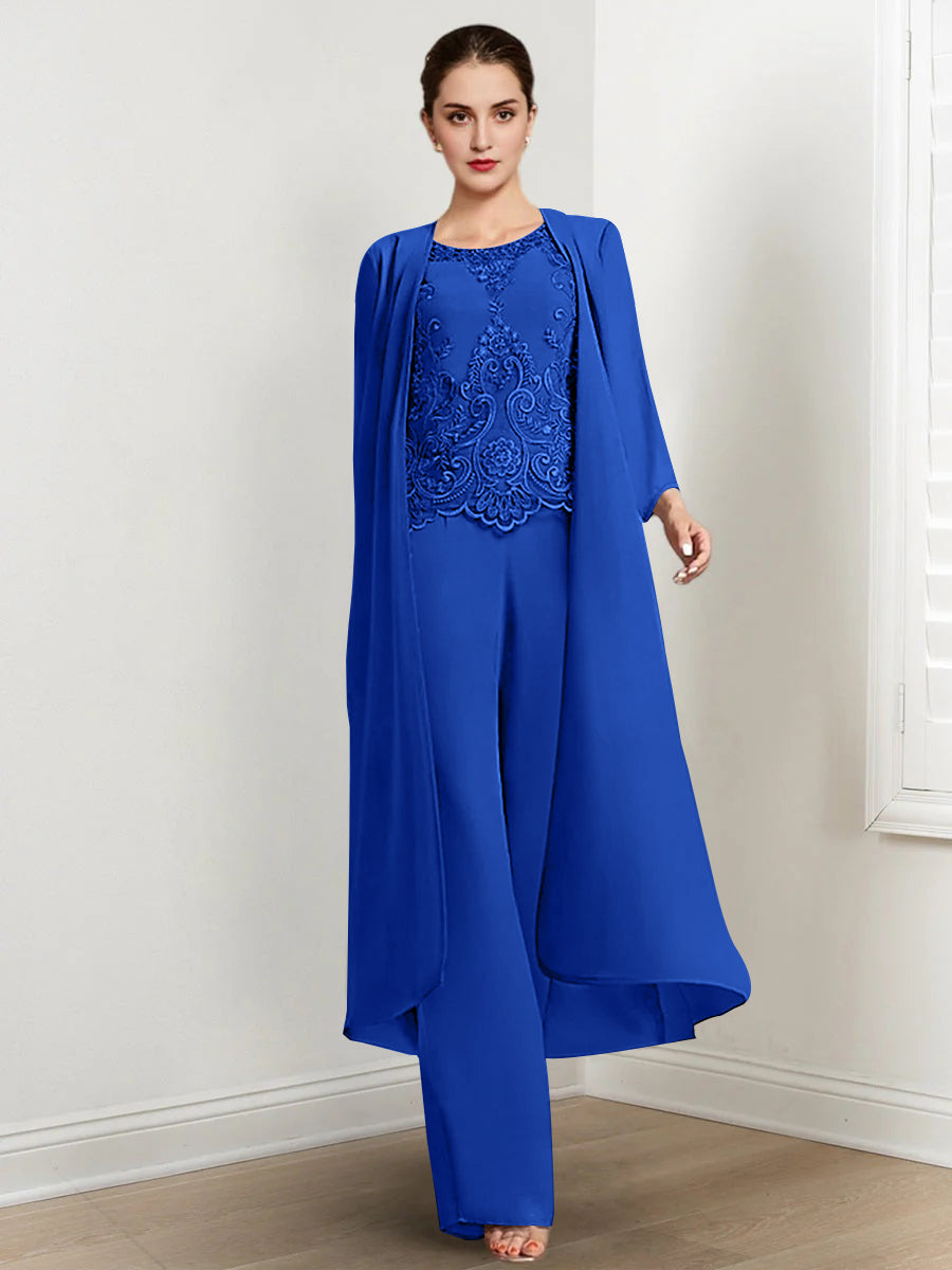 Long Round Neck Chiffon Pantsuits For The Mother Of The Bride With Jacket And Applique